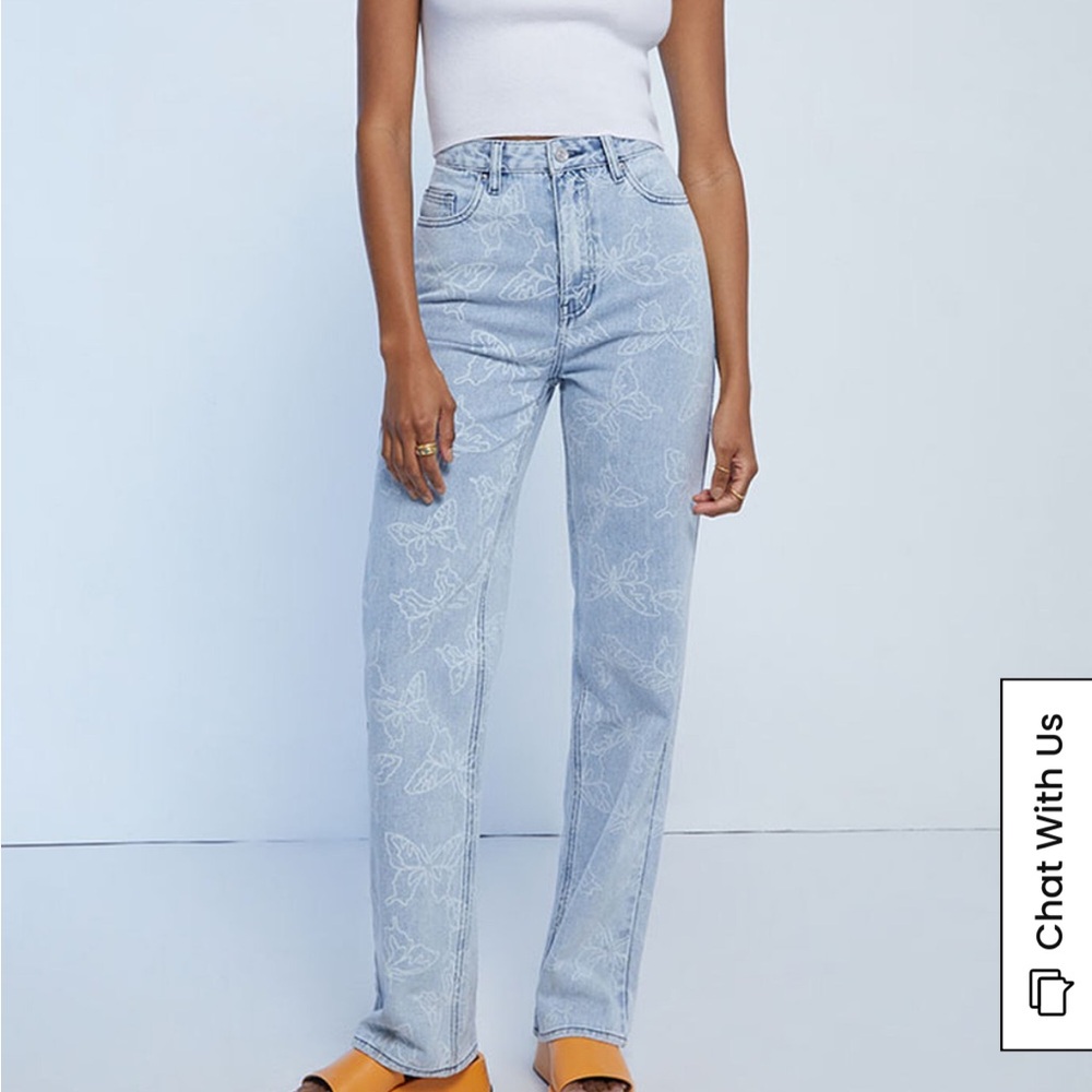PacSun Women's Straight Leg Jeans with Butterfly Design - Light Blue